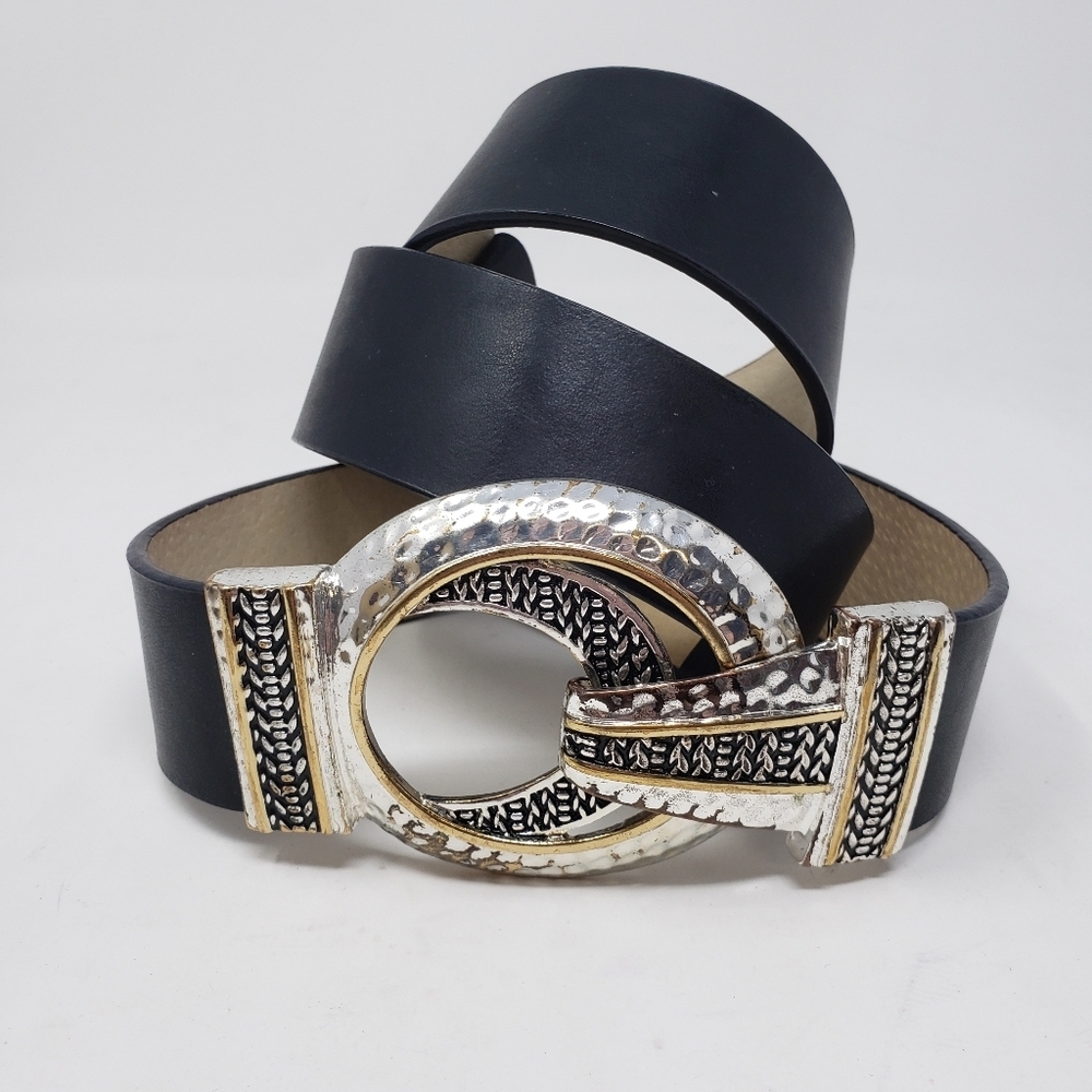 Chico’s Black Leather Women’s Slide Statement Belt with Silver Hook Buckle M/L